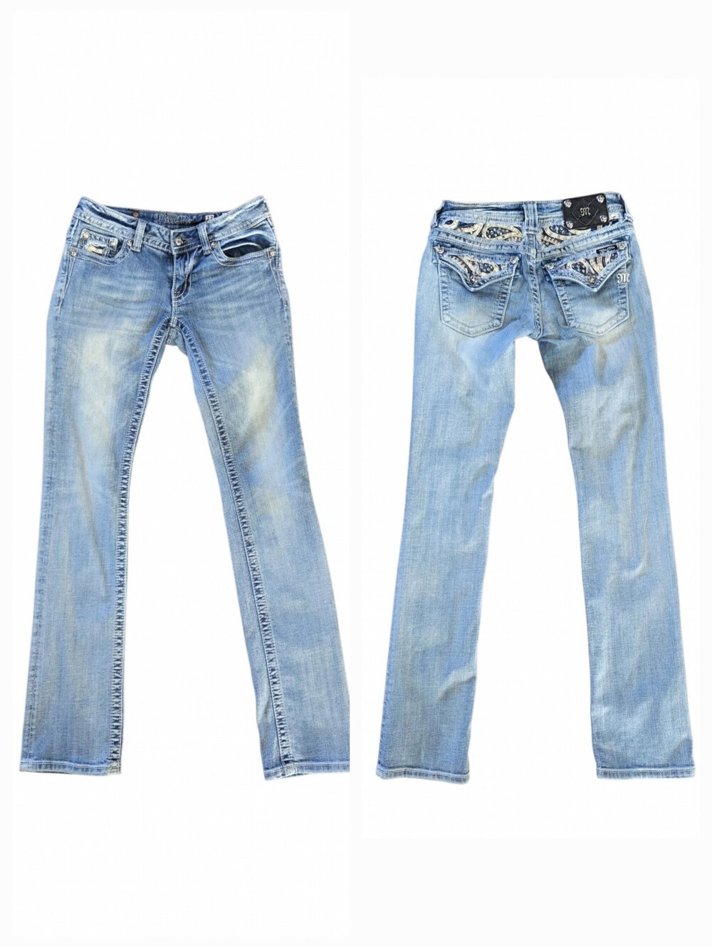 Miss Me Straight Jeans Light Blue Embellished Studded Paisley JP6063T2 Sz 27